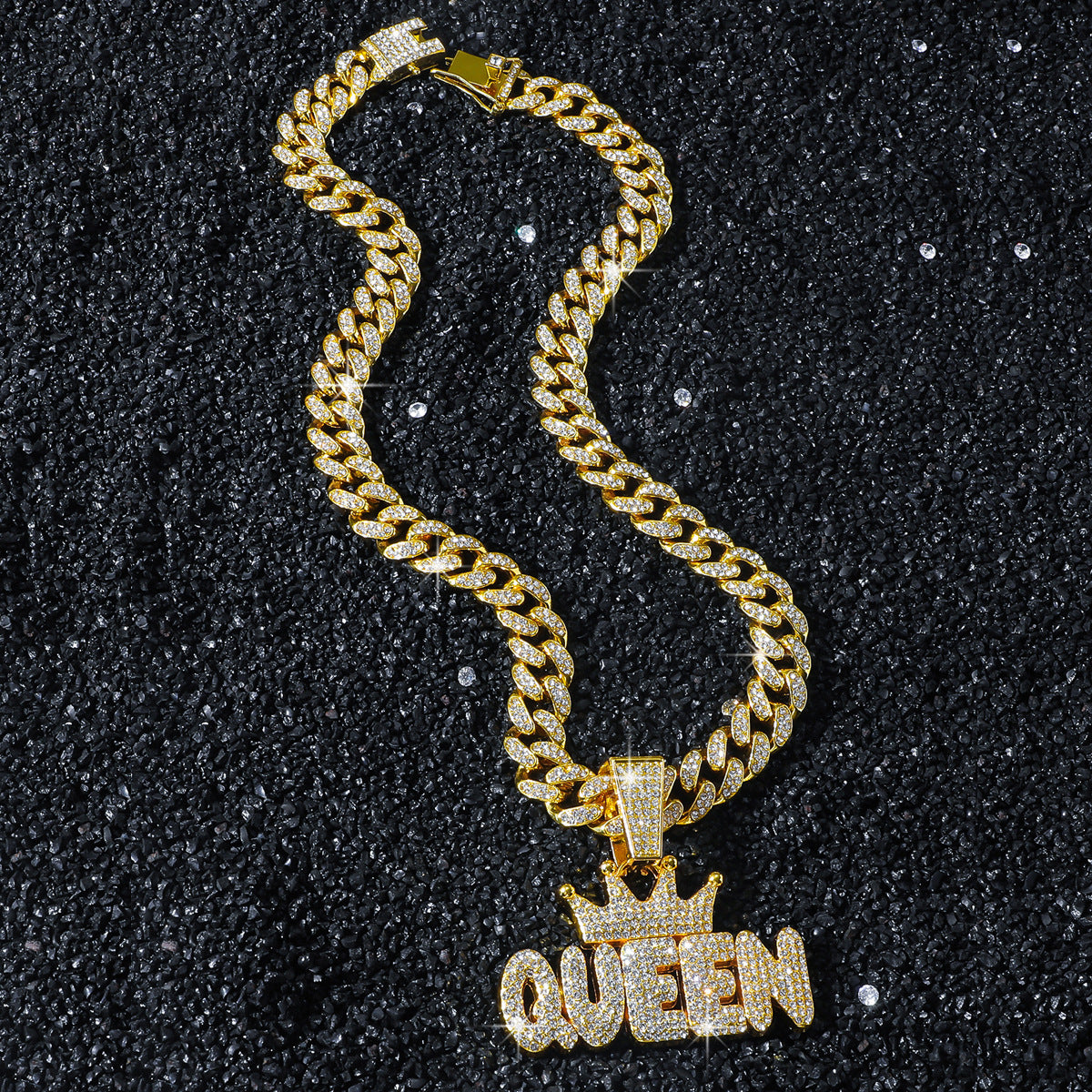 Hip-Hop Style Crown Letter Queen Cuban Chain Pendant Necklace