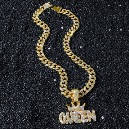 Hip-Hop Style Crown Letter Queen Cuban Chain Pendant Necklace
