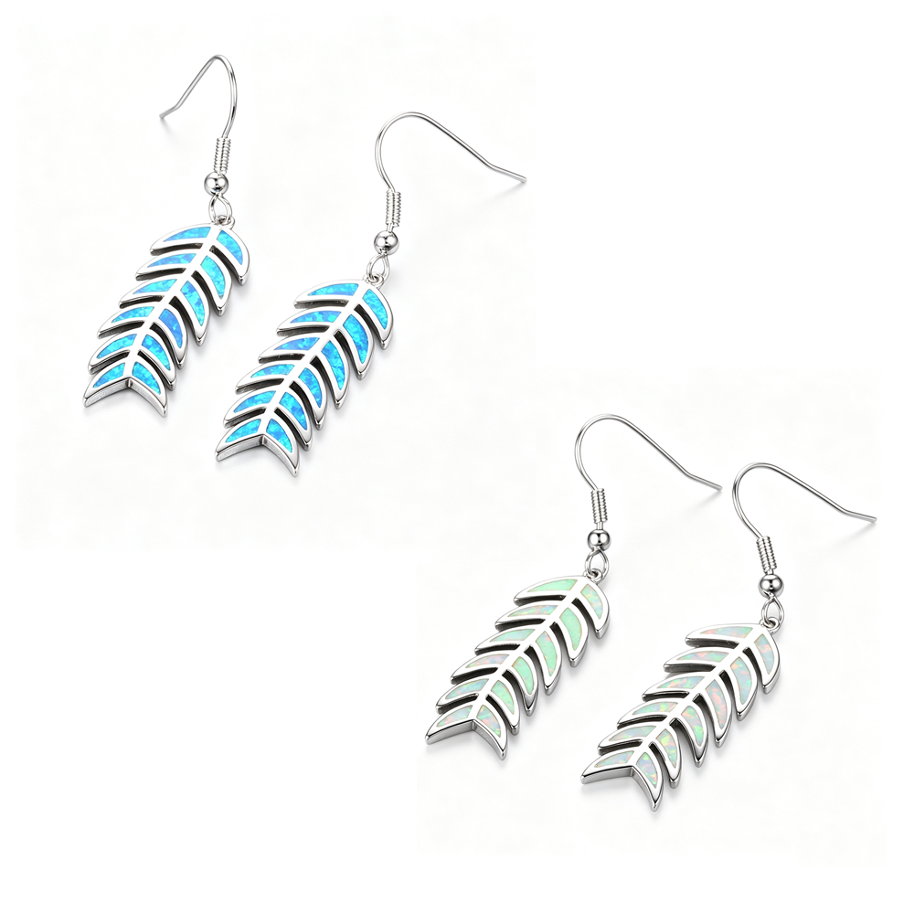 Women's Leaf‑Shape Hook Dangle Earrings, White Opal / Blue Opal Inlay, with White Gold Plating