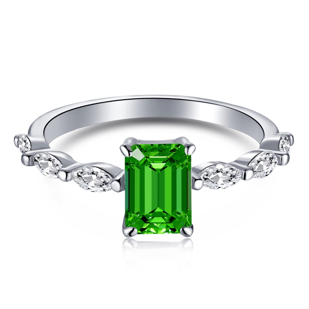 Women's Square Emerald Zirconia Center Stone Row Stone Wedding Ring, S925 with White Gold Plating