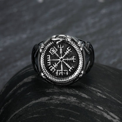 Vintage Antique Oxidized Solid Stainless Steel Norse Viking Aegishjalmur Helm of Awe Celtic Knot Wide Signet Band Ring for Men