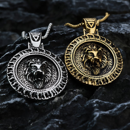 Men's Steel Lion Head Round Pendant Necklace