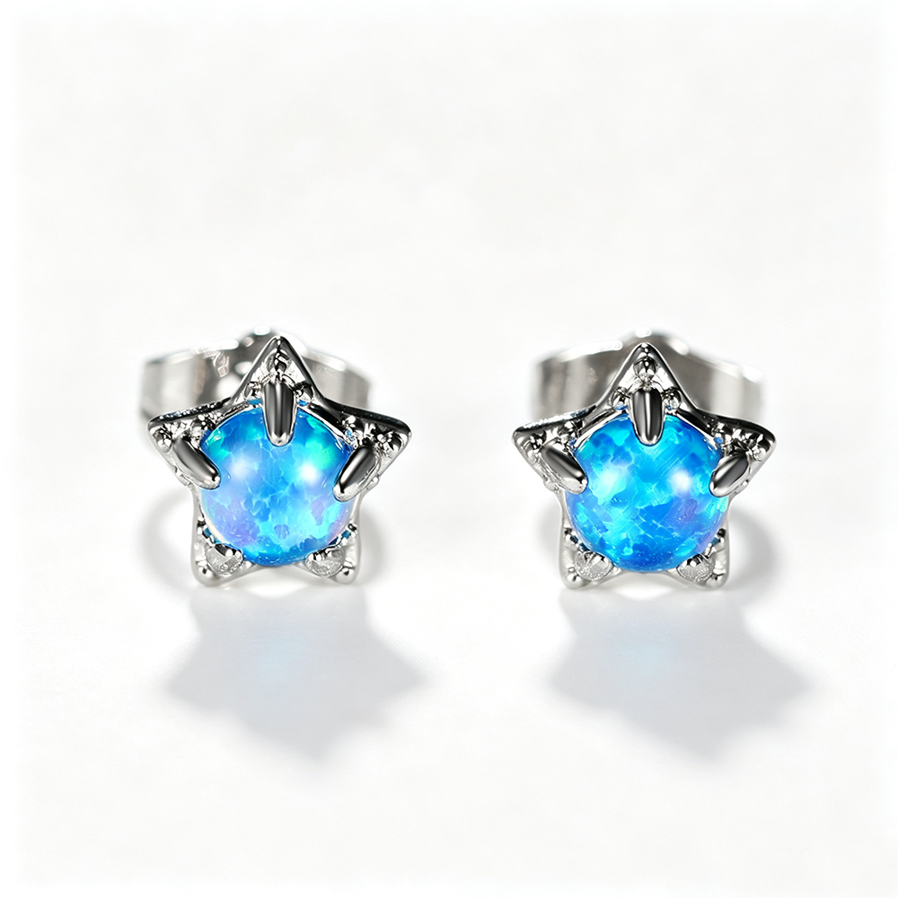 Women's Star‑Shape Prong Set Stud Earrings, Blue Opal / White Opal Inlay, White Gold Plating