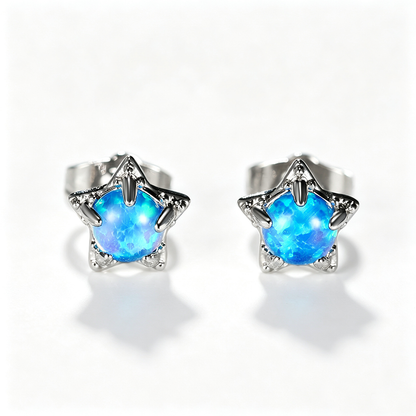 Women's Star‑Shape Prong Set Stud Earrings, Blue Opal / White Opal Inlay, White Gold Plating