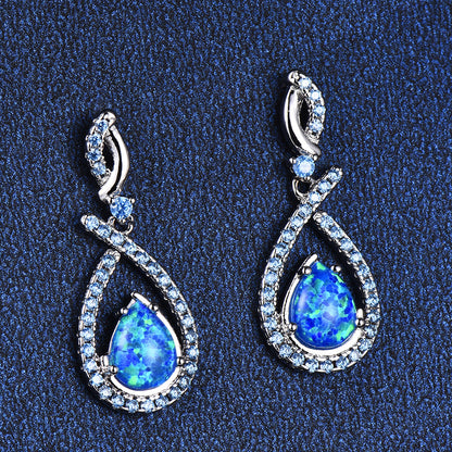 Women's Pear Shape Halo White & Blue Opal Teardrop Dangle Earrings, White Gold Plating