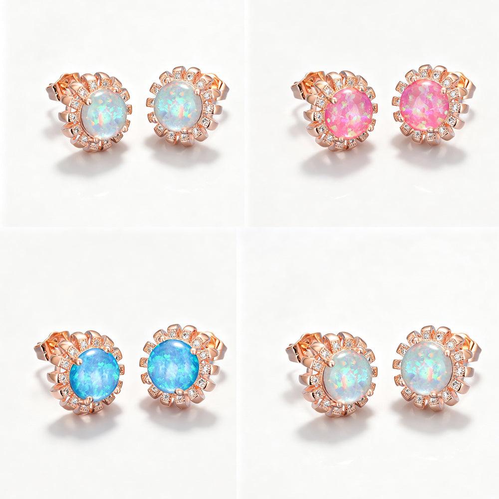 Women's Sunflower‑Shape Round Multi‑Color Opal With Zirconia Accent Stud Earrings, with Rose Gold Plating