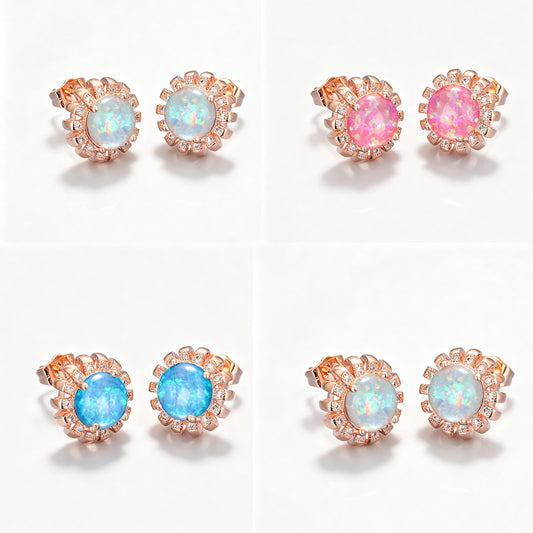 Women's Sunflower‑Shape Round Multi‑Color Opal With Zirconia Accent Stud Earrings, with Rose Gold Plating