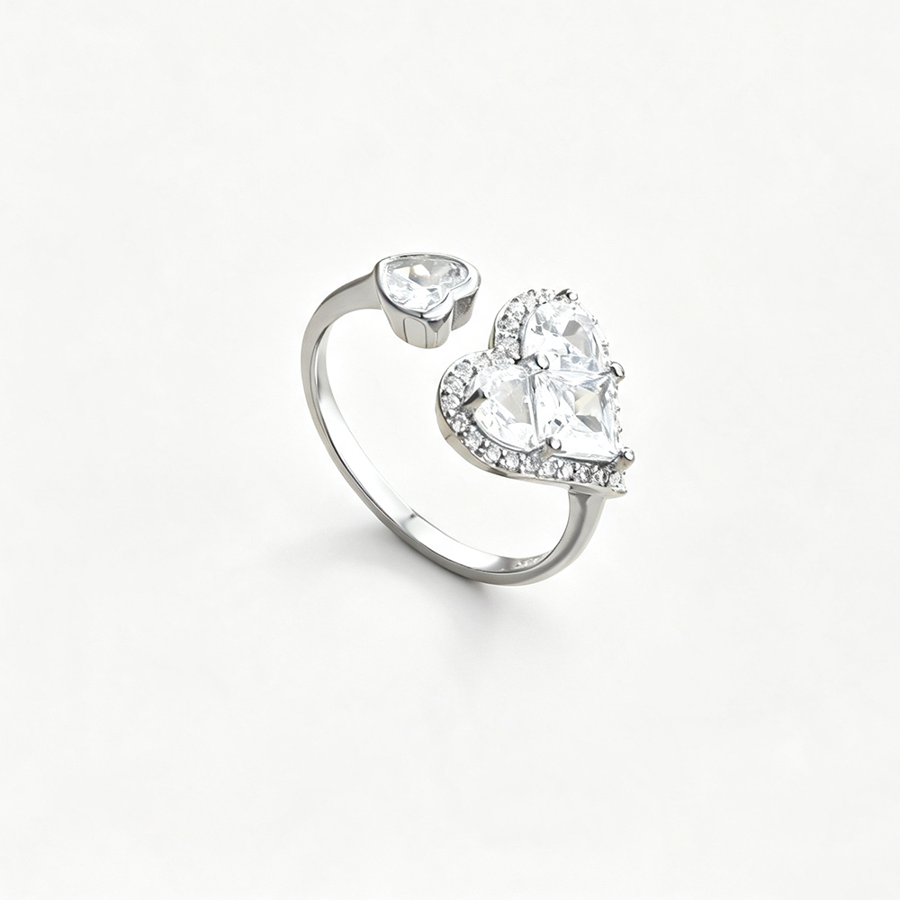 Women's Adjustable Heart Double Stone Ring, Heart-Shaped & Round Zirconia, S925 with White Gold Plating