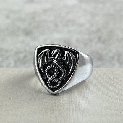 Vintage Solid Stainless Steel Shield Dragon Signet Ring for Men