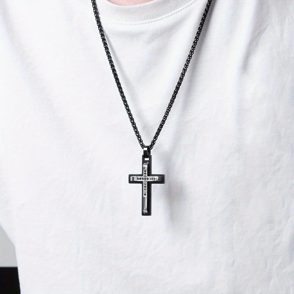 Men's Double-Layer Beveled Stone-Inlaid Cross Pendant Necklace