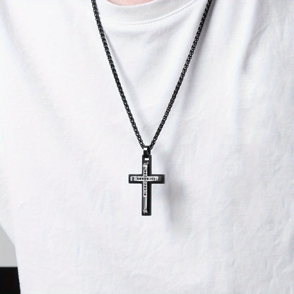 Men's Double-Layer Beveled Stone-Inlaid Cross Pendant Necklace