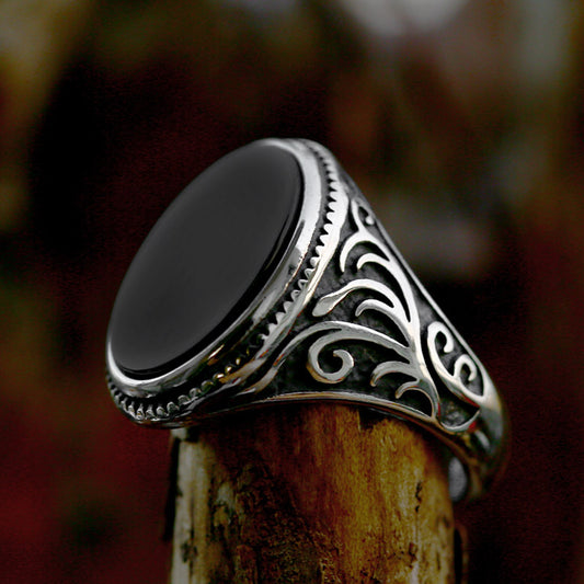 Men's carved black agate ring