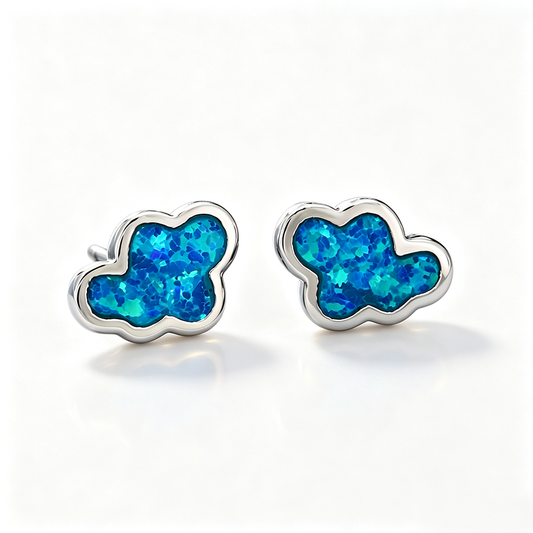 Women's Cloud‑Shape Stud Earrings, Blue Opal / White Opal Inlay, with White Gold Plating