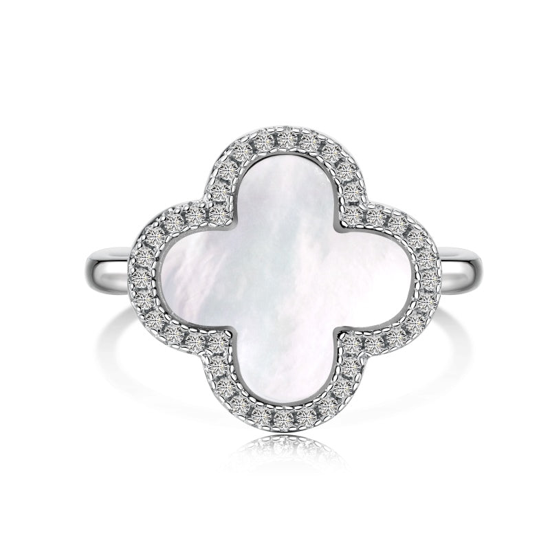Women's S925 Silver White Gold Tone Ring, Four-Leaf Clover Shape White Mother of Pearl Halo Ladies Fashion Ring