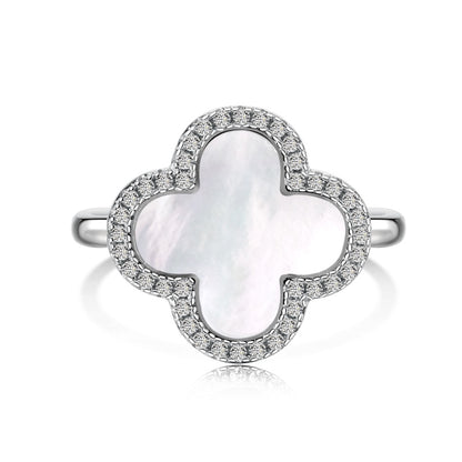 Women's S925 Silver White Gold Tone Ring, Four-Leaf Clover Shape White Mother of Pearl Halo Ladies Fashion Ring