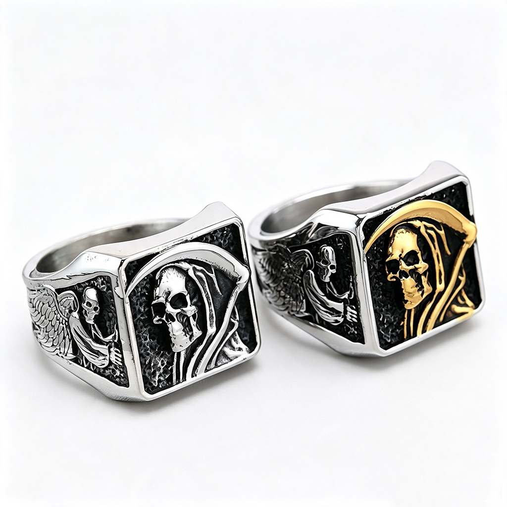 Vintage Stainless Steel Punk Solid Halloween Grim Reaper Skull Ring for Men