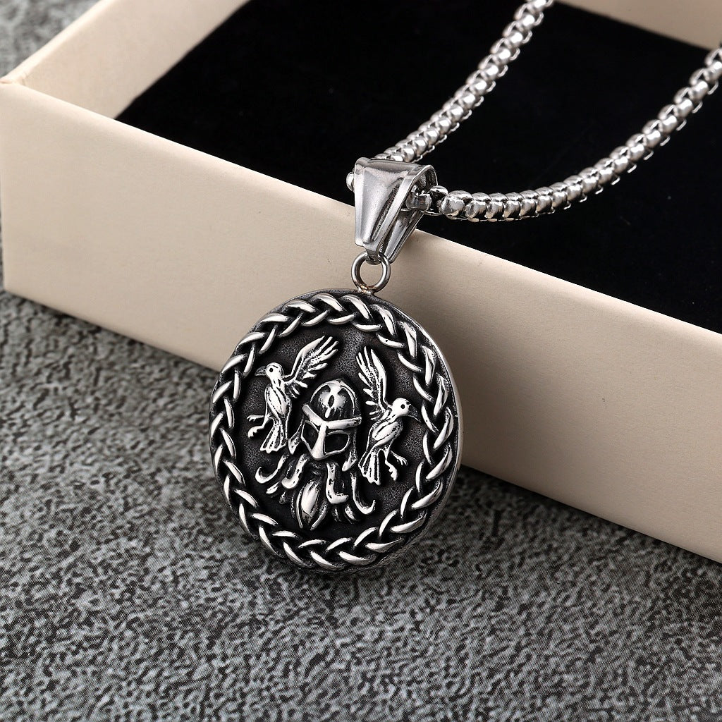 Vintage Nordic Stainless Steel Double Sided Viking Odin Huginn and Muninn Triangle Symbol Pendant Necklace for Men