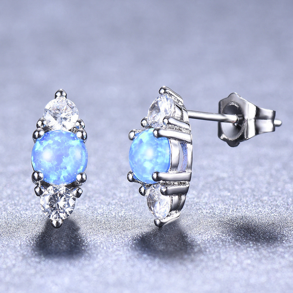 Women's Three‑Stone Stud Earrings With Round Opal & Round Zirconia, with White Gold / Rose Gold Plating
