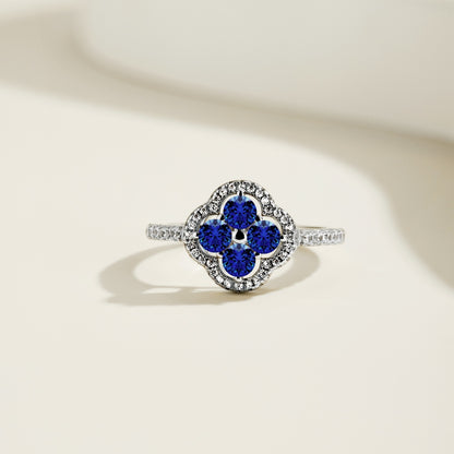 Women's S925 Silver White Gold Tone Ring, Four-Leaf Clover Shape Blue Cubic Zirconia Halo Design Ladies Fashion Ring