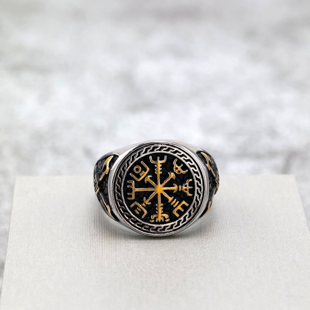 Vintage Nordic Solid Stainless Steel Engraved Axe Viking Compass Ring for Men