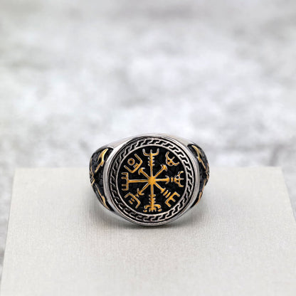 Vintage Nordic Solid Stainless Steel Engraved Axe Viking Compass Ring for Men