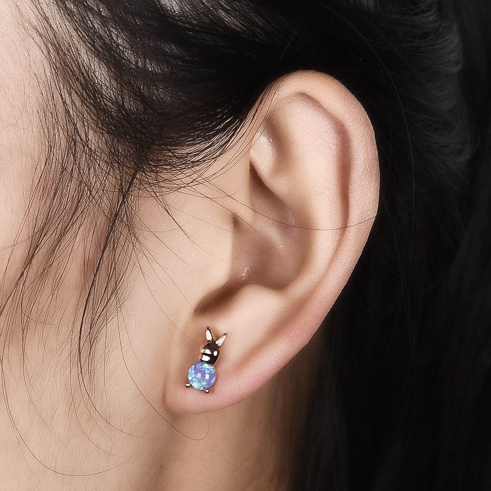 Women's Rabbit‑Shape Stud Earrings, Blue Opal / White Opal Inlay