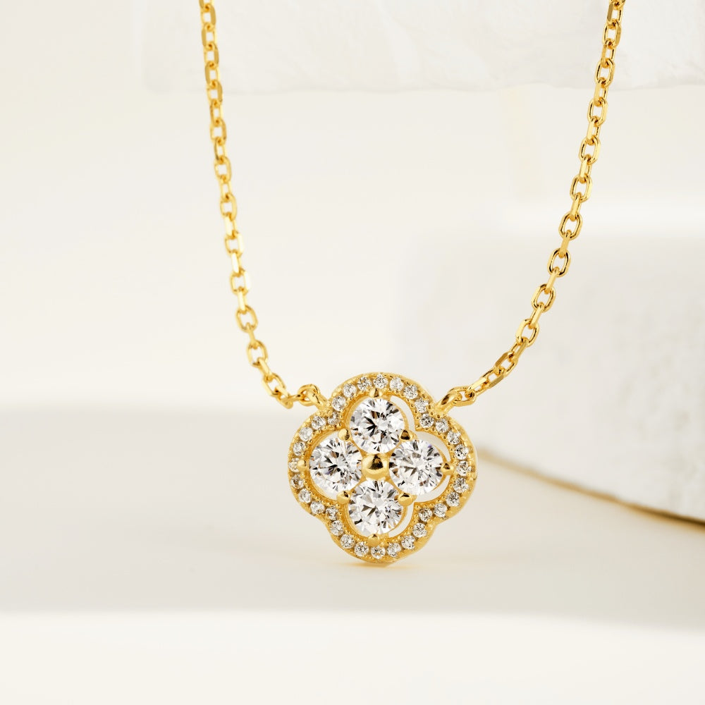 Women's Clover Flower Pendant Necklace, Inlaid Round Zirconia, S925 with 18K Gold Tone Plating