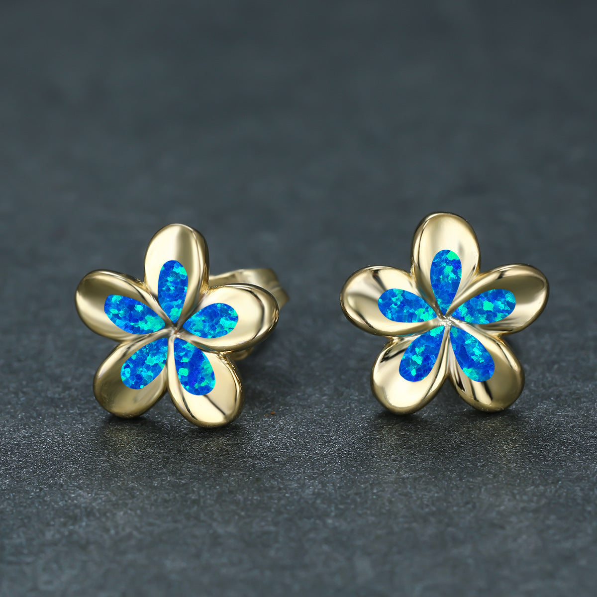 Women's 3D Five-Petal Flower Stud Earrings Inlaid With White & Blue Opal