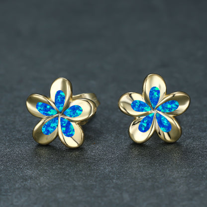 Women's 3D Five-Petal Flower Stud Earrings Inlaid With White & Blue Opal