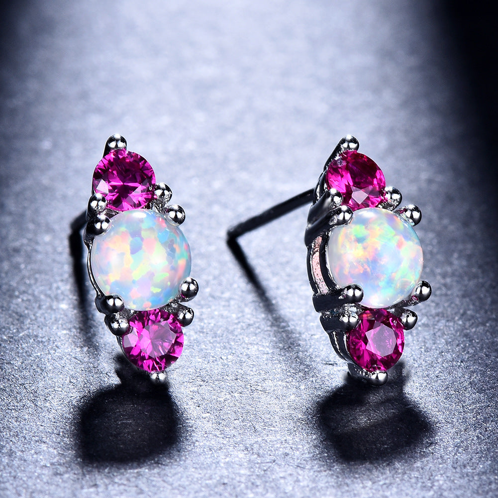 Women's Stud Earrings, White Opal With Wine‑Red Gemstone / White Opal With Emerald Gemstone