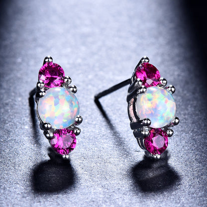 Women's Stud Earrings, White Opal With Wine‑Red Gemstone / White Opal With Emerald Gemstone