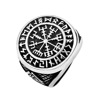 Vintage Nordic Stainless Steel Viking Rune Compass Round Ring for Men