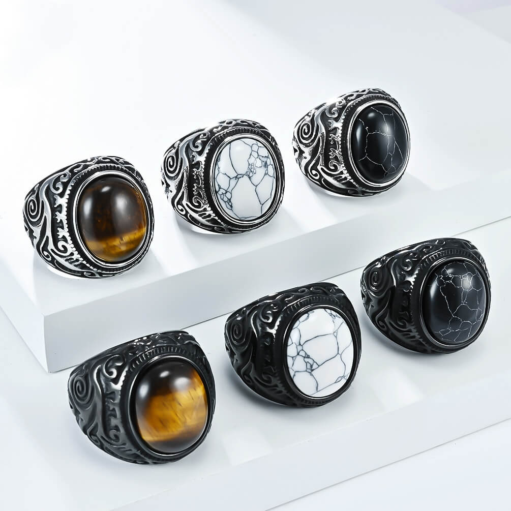 Men's Vintage Carved And Inlaid Tiger's Eye Stone Black And White Turquoise Titanium Steel Ring
