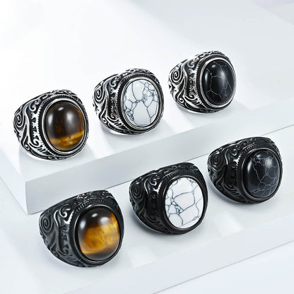 Men's Vintage Carved And Inlaid Tiger's Eye Stone Black And White Turquoise Titanium Steel Ring