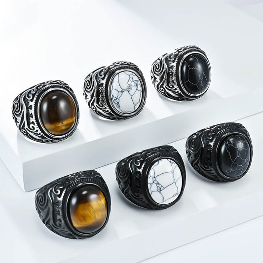 Men's Vintage Carved And Inlaid Tiger's Eye Stone Black And White Turquoise Titanium Steel Ring