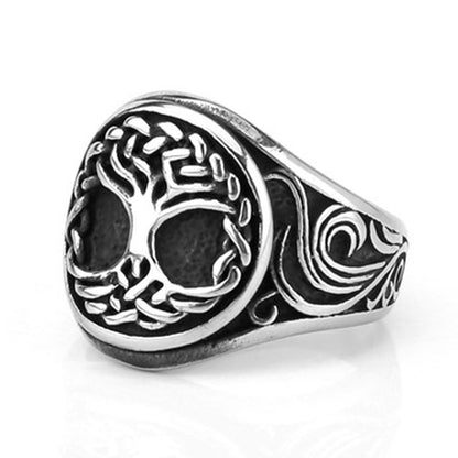 Vintage Solid Stainless Steel 3D Carved Viking Tree of Life Round Ring for Men
