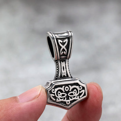 Vintage Antique Oxidized Stainless Steel Men's Viking Mjolnir Rune Totem Pendant Necklace