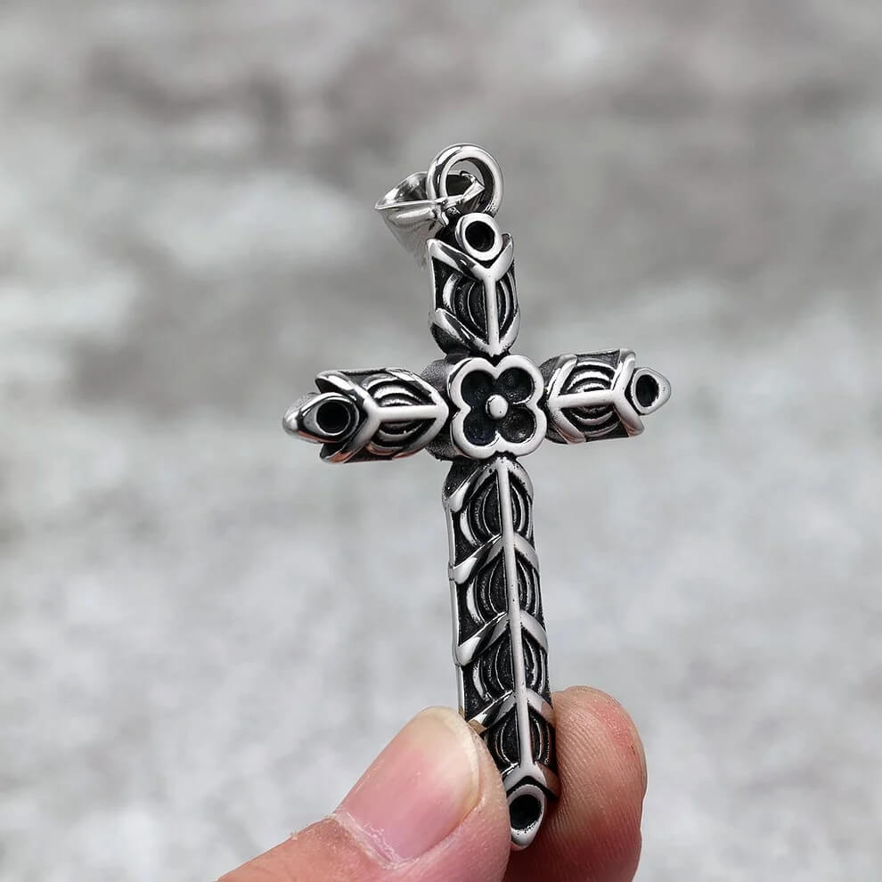 Vintage Stainless Steel Men's Double Sided Engraved Cross Pendant Necklace