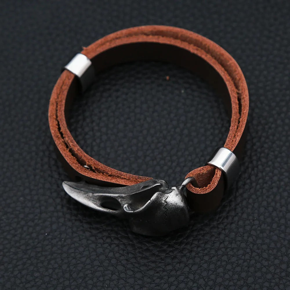 Men's Vintage Stainless Steel Raven Skull Leather Bracelet, Simple Versatile Punk Rock Adjustable Wrist Cuff