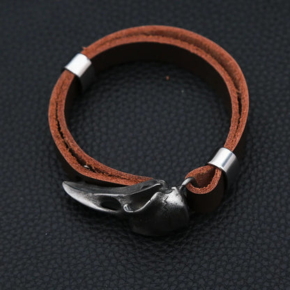 Men's Vintage Stainless Steel Raven Skull Leather Bracelet, Simple Versatile Punk Rock Adjustable Wrist Cuff