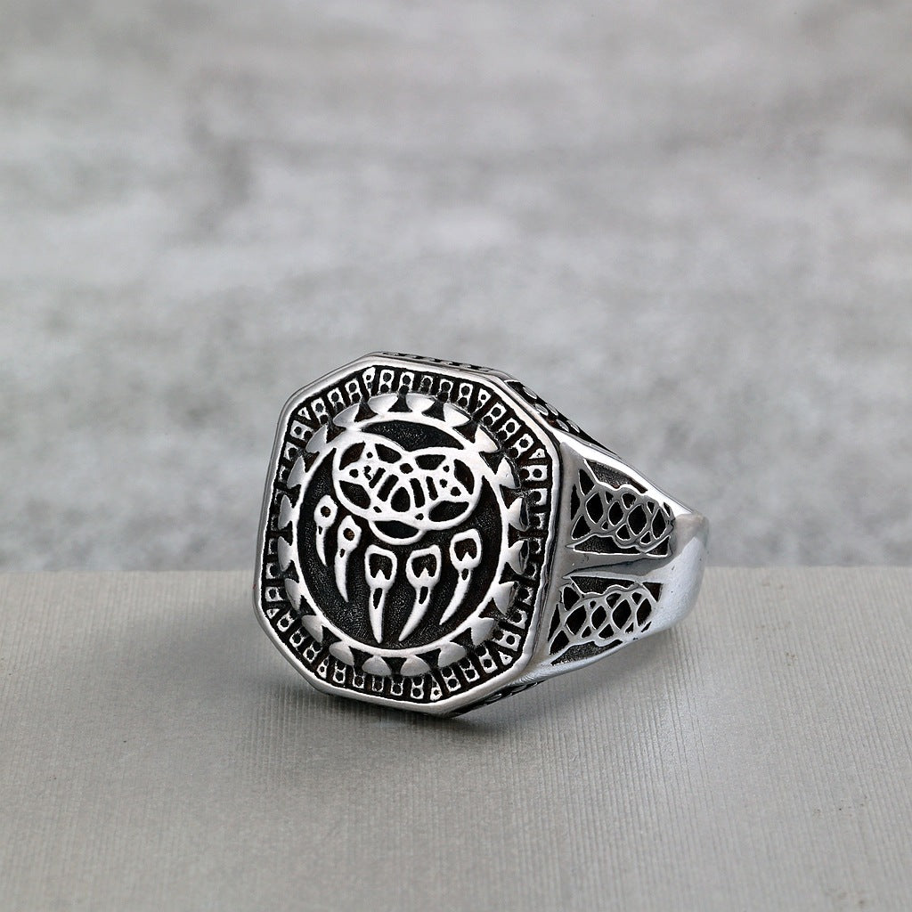 Vintage Solid Stainless Steel Engraved Viking Hollow Bear Claw Octagon Signet Ring for Men