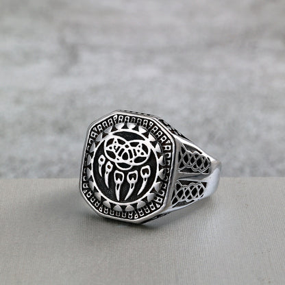 Vintage Solid Stainless Steel Engraved Viking Hollow Bear Claw Octagon Signet Ring for Men