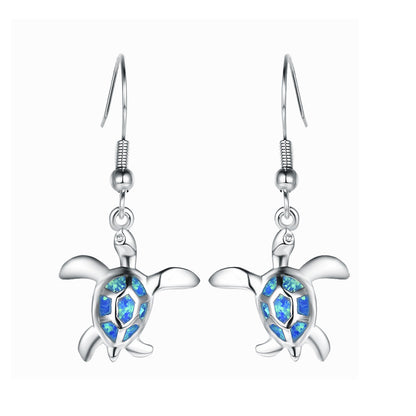 Women's Sea Turtle Shape Opal Dangle Earrings, Blue Opal / White Opal