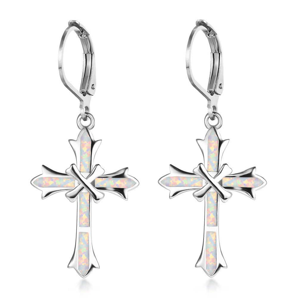 Women's Cross Dangle Hoop Earrings With Blue Opal Inlay, with White Gold Plating