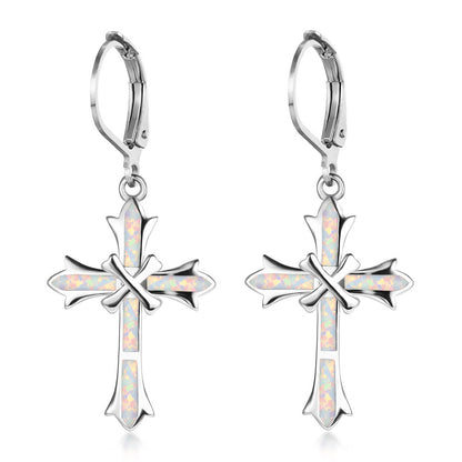 Women's Cross Dangle Hoop Earrings With Blue Opal Inlay, with White Gold Plating