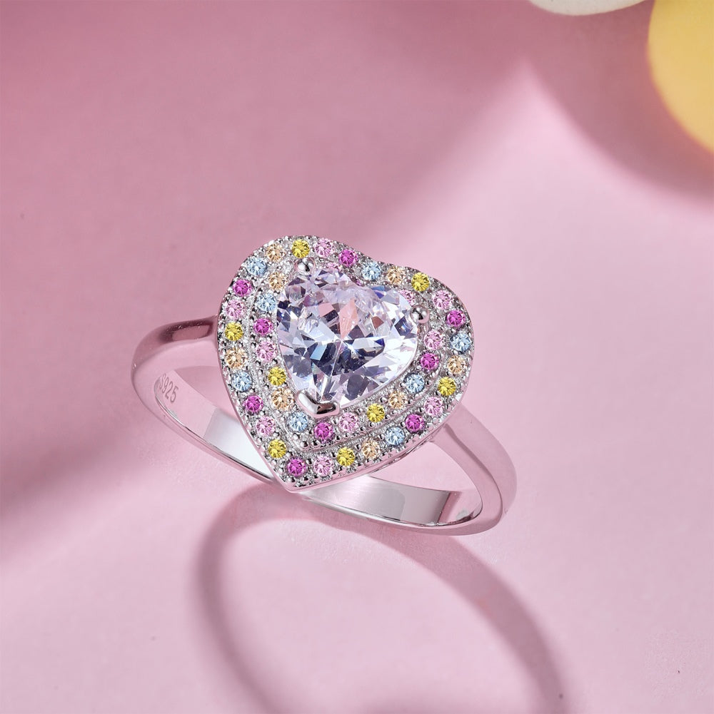 Women's S925 Silver White Gold Tone Ring, Heart Shape Color Cubic Zirconia & Round Colorful Cubic Zirconia Inlaid Fashion Ladies Rin