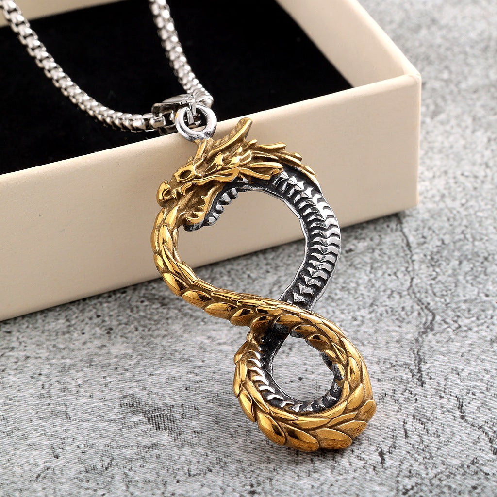 Vintage Stainless Steel Chinese Dragon Pendant Necklace for Men