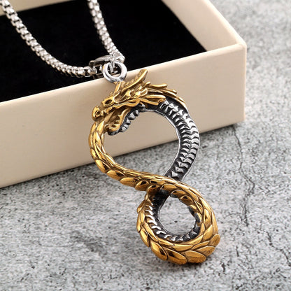 Vintage Stainless Steel Chinese Dragon Pendant Necklace for Men