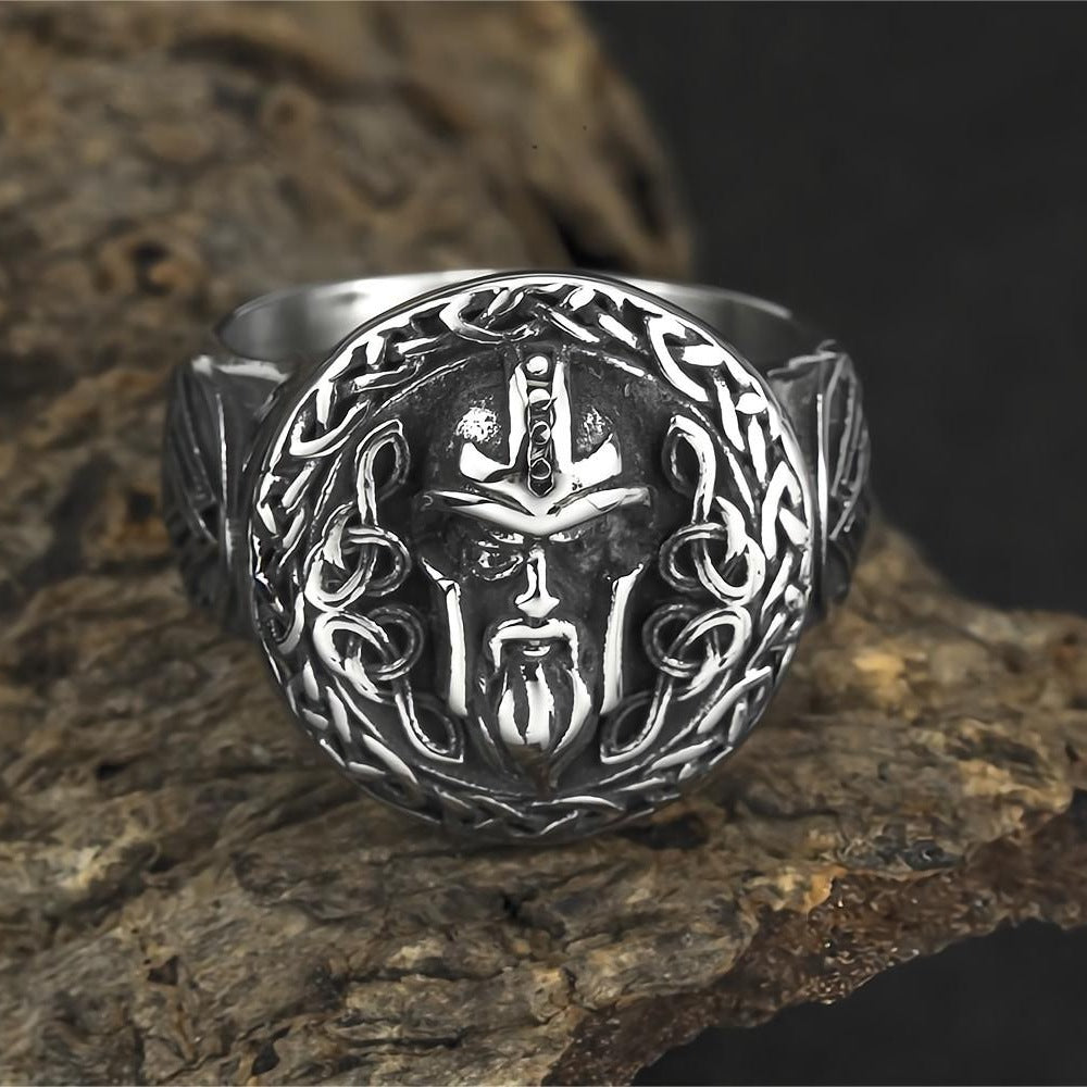 Vintage Solid Stainless Steel Norse Viking Odin Head Valknut Triangle Round Signet Ring for Men