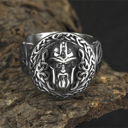 Vintage Solid Stainless Steel Norse Viking Odin Head Valknut Triangle Round Signet Ring for Men